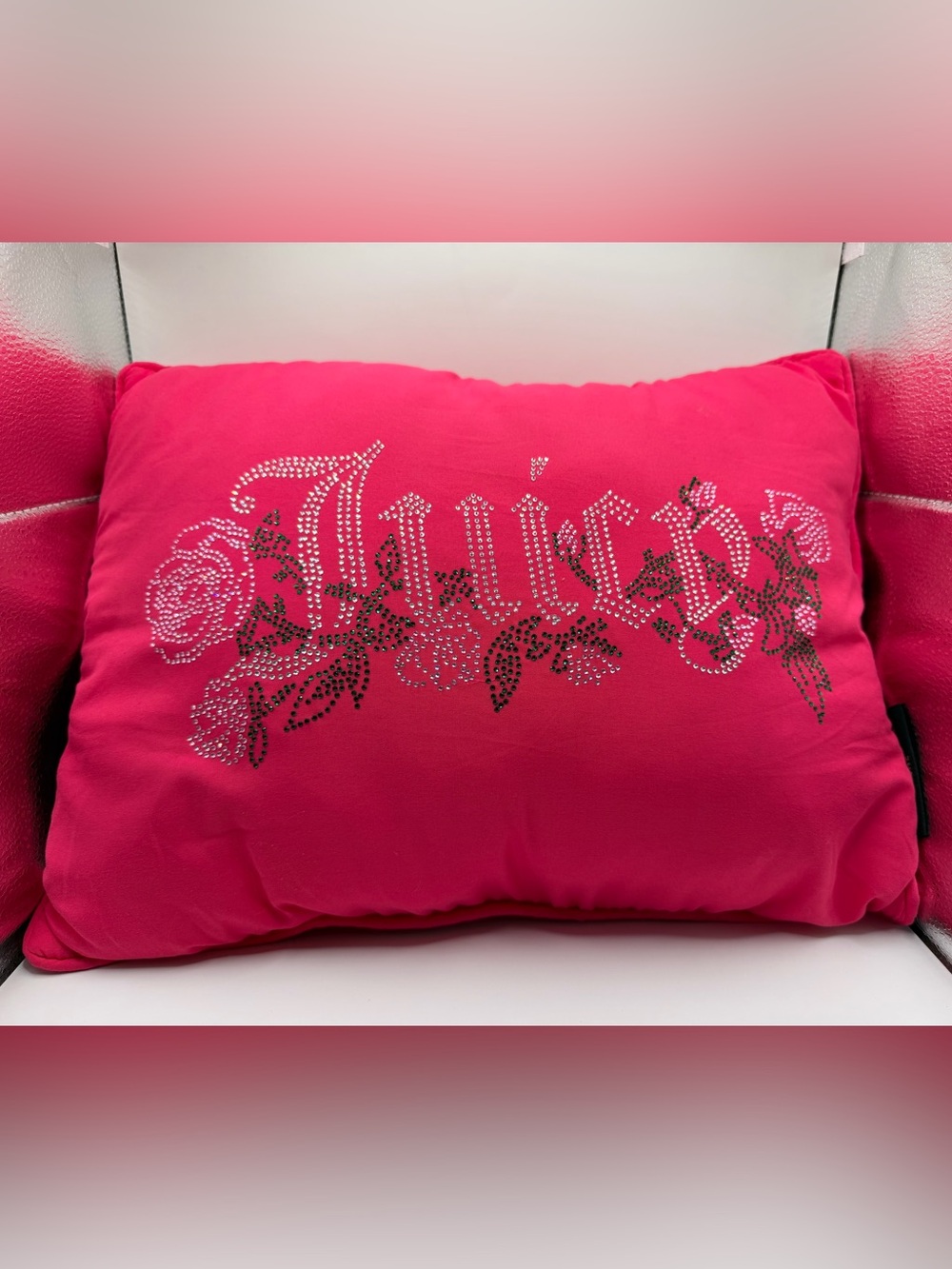 Juicy Couture Hot Pink Y2K Glam Rhinestone Rose Accent Throw Pillow NWOT
